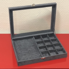 Комбинированный планшет для украшений со стеклянной крышкой - темно-серая элитная замша